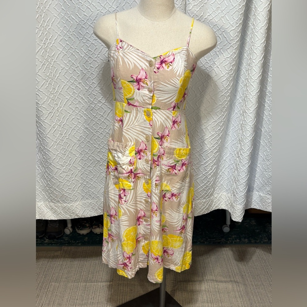 Forever 21 Tropical Print Linen and Cotton Midi Dress Size Large